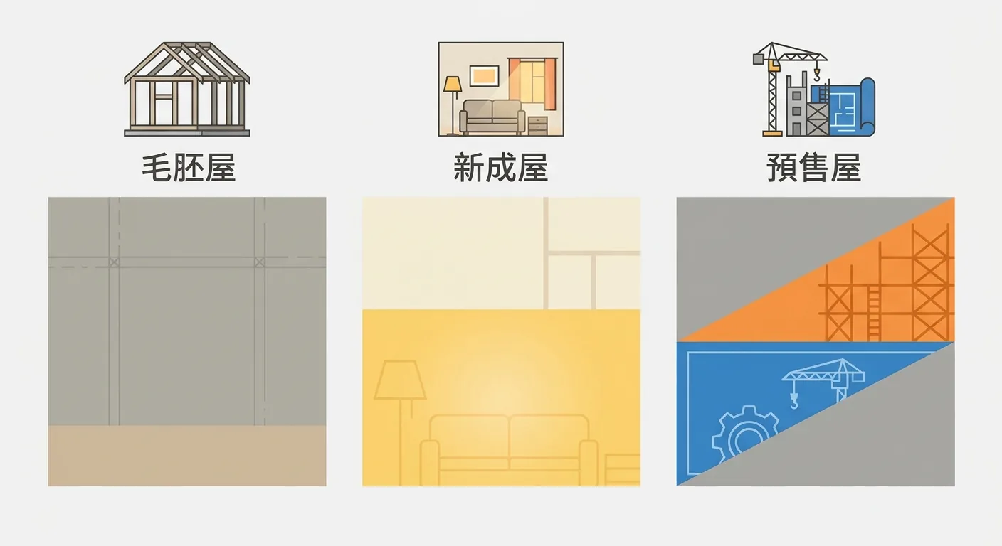 毛胚屋 vs 新成屋 vs 預售屋三欄對照圖,三個並排的直式區塊,每欄上方一個代表狀態的圖示:空屋結構圖示、已裝潢住家圖示、施工中建築圖示,欄內以簡單色塊示意差異、不填任何文字