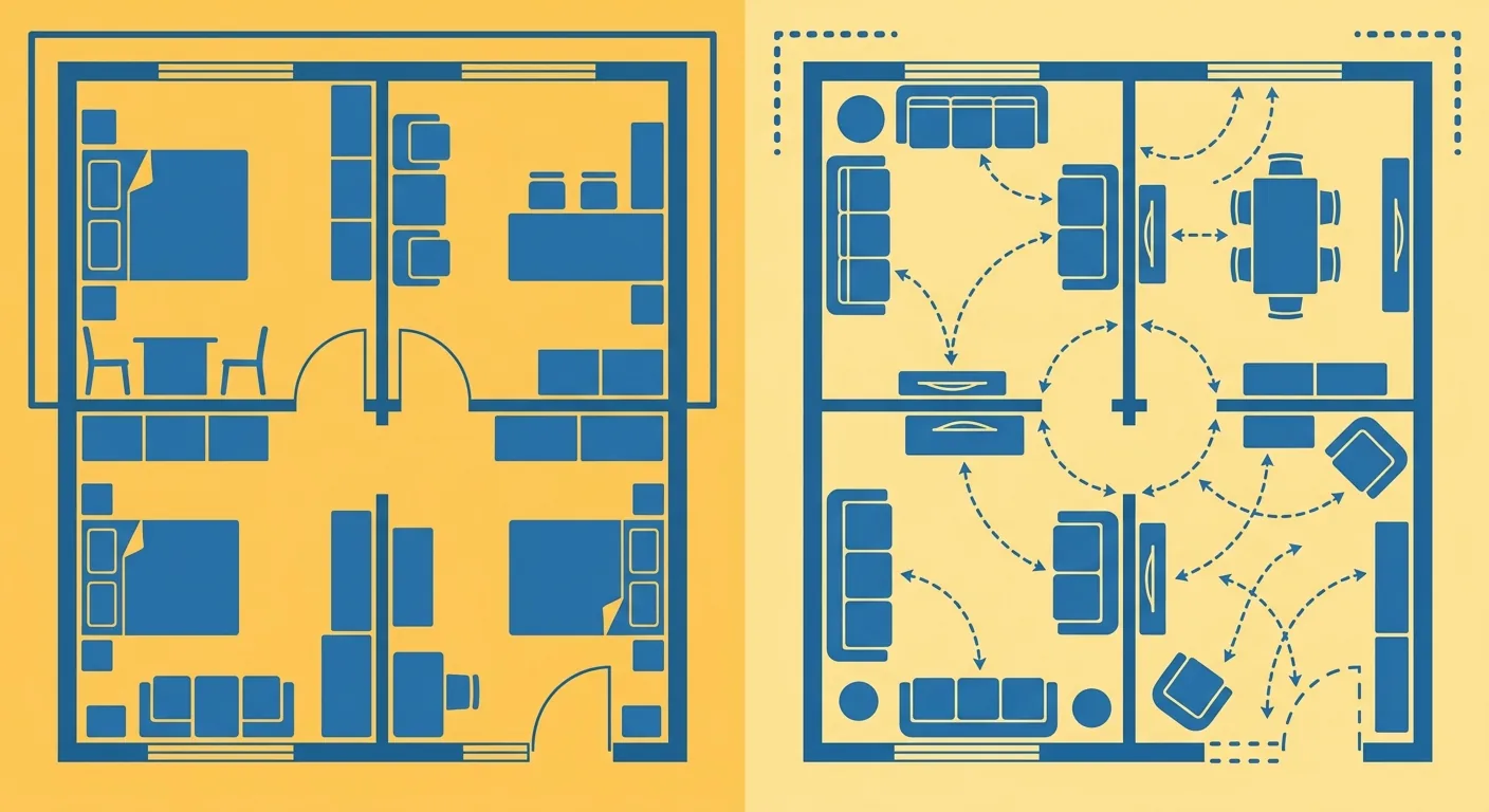 只能擺 IKEA 家具 vs 不綁品牌的對照示意,左側一張平面圖上只有樣式一致的模組家具剪影並被一個封閉框線圈住(代表型錄綁定)、右側一張平面圖上放著多種不同樣式的家具剪影且有走道間距量測弧線、框線開放(代表不綁品牌任何家具皆可)
