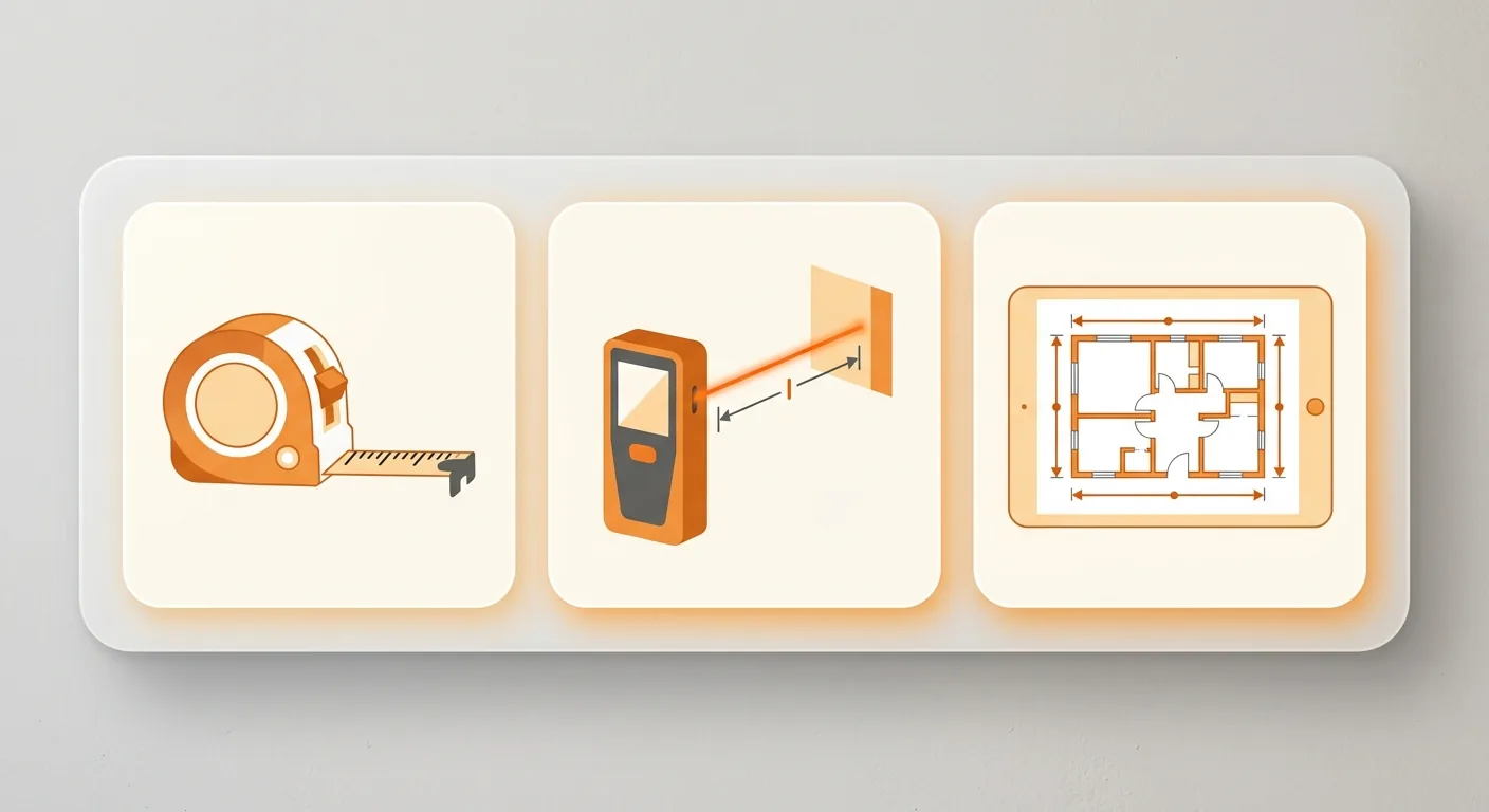 三種量測工具對照卡橫向排列,第一格為捲尺圖示、第二格為雷射測距儀發射光束圖示、第三格為平板顯示平面圖與量測線的圖示,每格僅一個扁平圖示、無文字